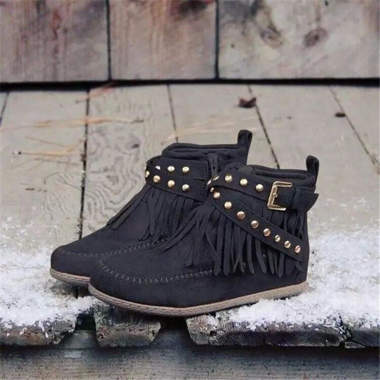 Retro Ankle Boots with Rivet Tassel Side Zipper Flat Shoes