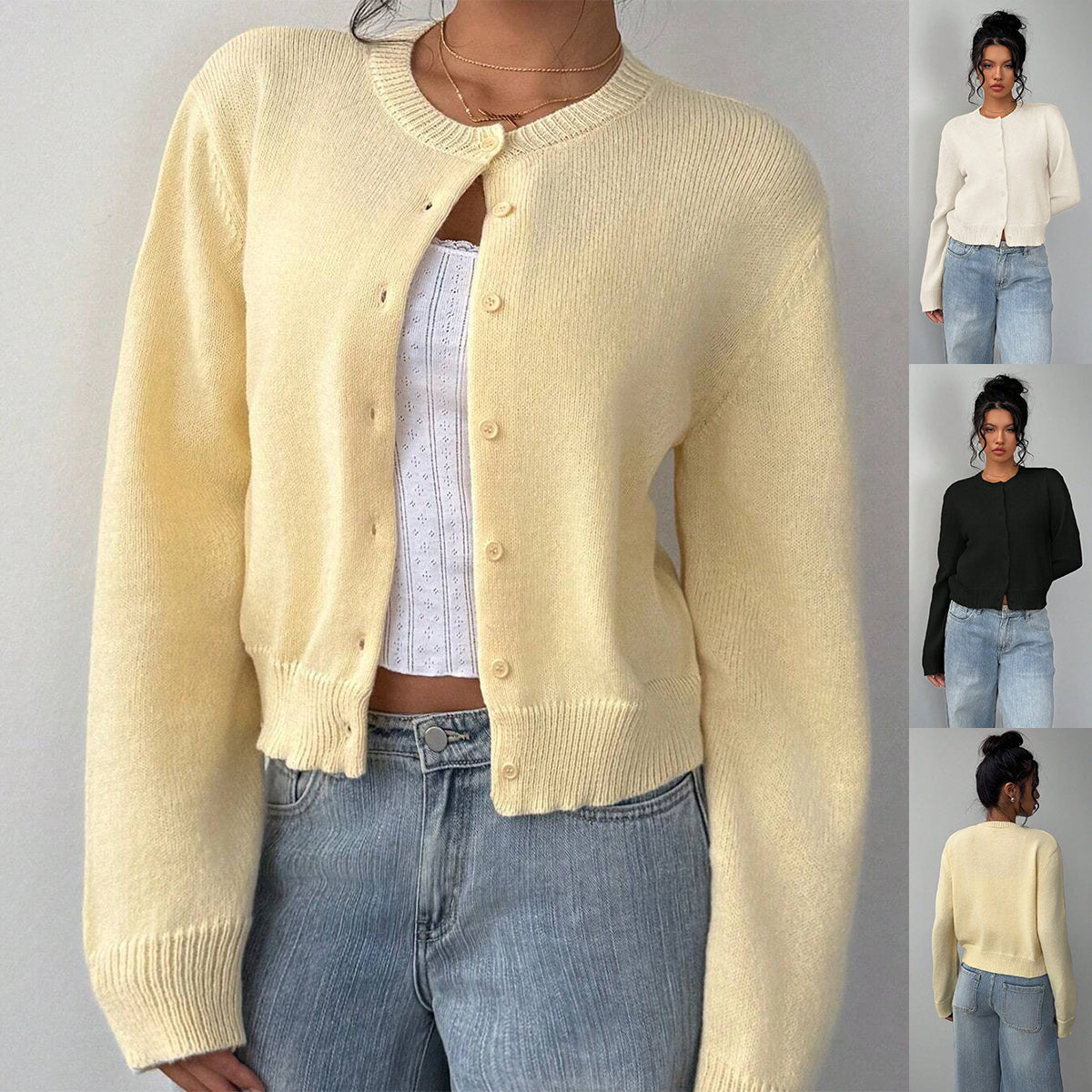 Chic Round Neck Slim Knit Cardigan