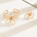 Geometric Lattice Flower Ring and Cuff Bracelet Jewelry Set