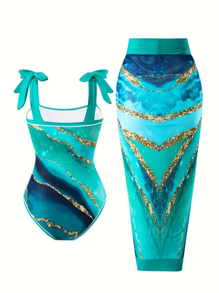 Ocean Marble Swimsuit & Sarong Set