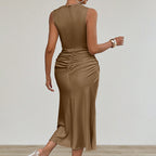 Ruched Satin-Finish Midi Dress