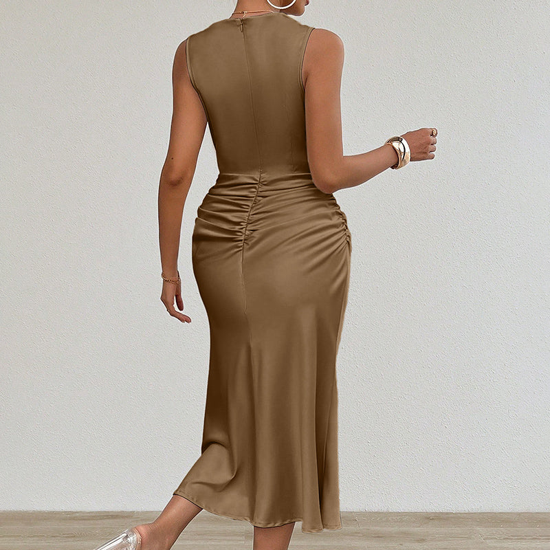 Ruched Satin-Finish Midi Dress