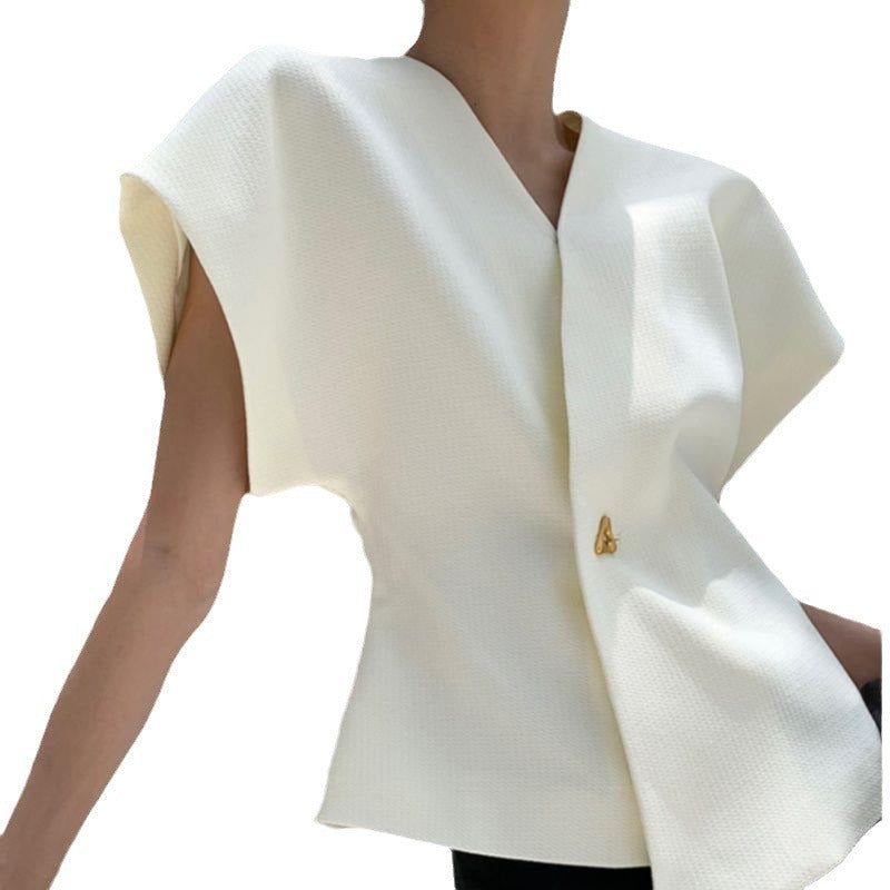 French Style Structured V-Neck Vest Blouse