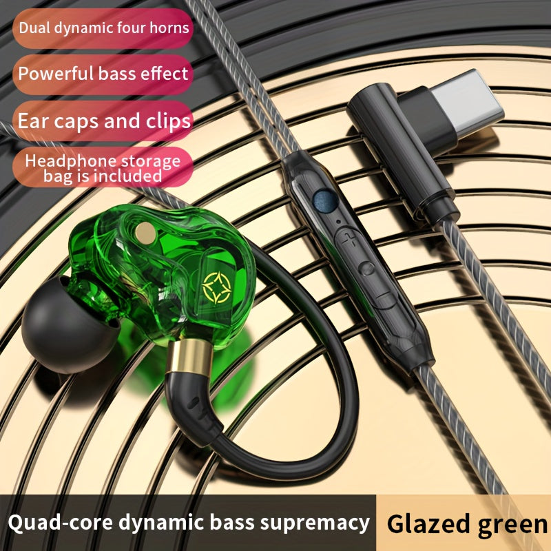 Hot Selling New Quad-core Double Acting Ring L-plug Earphone HIFI Heavy Subwoofer Phone Cable Length 1.5m/59.055inch Cable Anchor Earphone 3.5mm/0.14inch Plug TYPE-C Plug and Storage Box