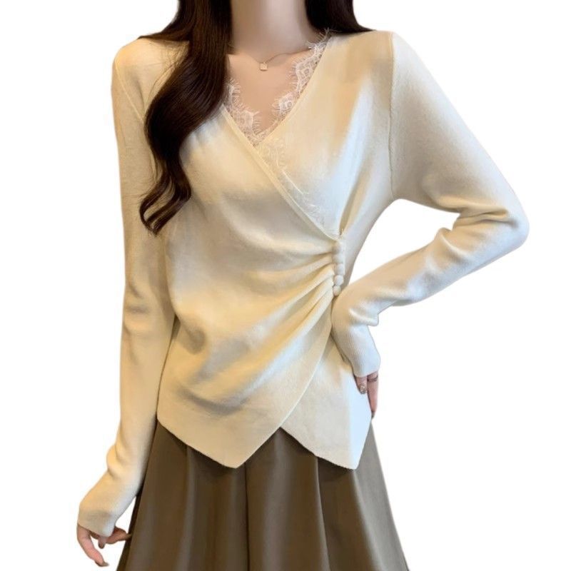 Irregular Cross-feel Lace Spliced V-neck Long Sleeve T-shirt