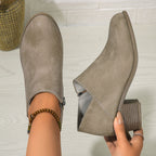 Chunky Heel Round Toe Ankle Boots with Side Zipper Design