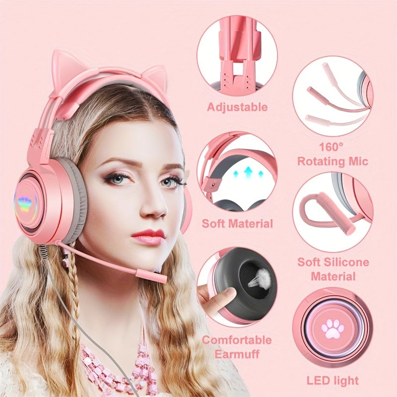 Gaming Headphones with Cat Ears And RGB Lighting - 3.5Mm Wired Over-Ear Headphones Featuring an Omnidirectional Microphone, Noise Cancellation, Volume Control, Compatible with PS4, PS5, Xbox, PC, Switch - Anime Animal Theme,