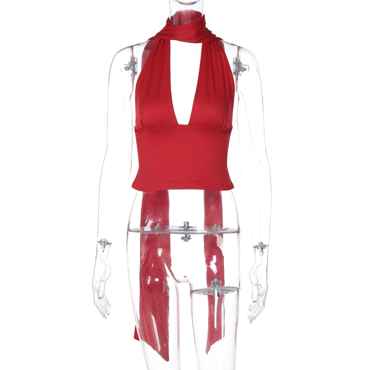 Deep V-Neck Halter Neck Tie Top