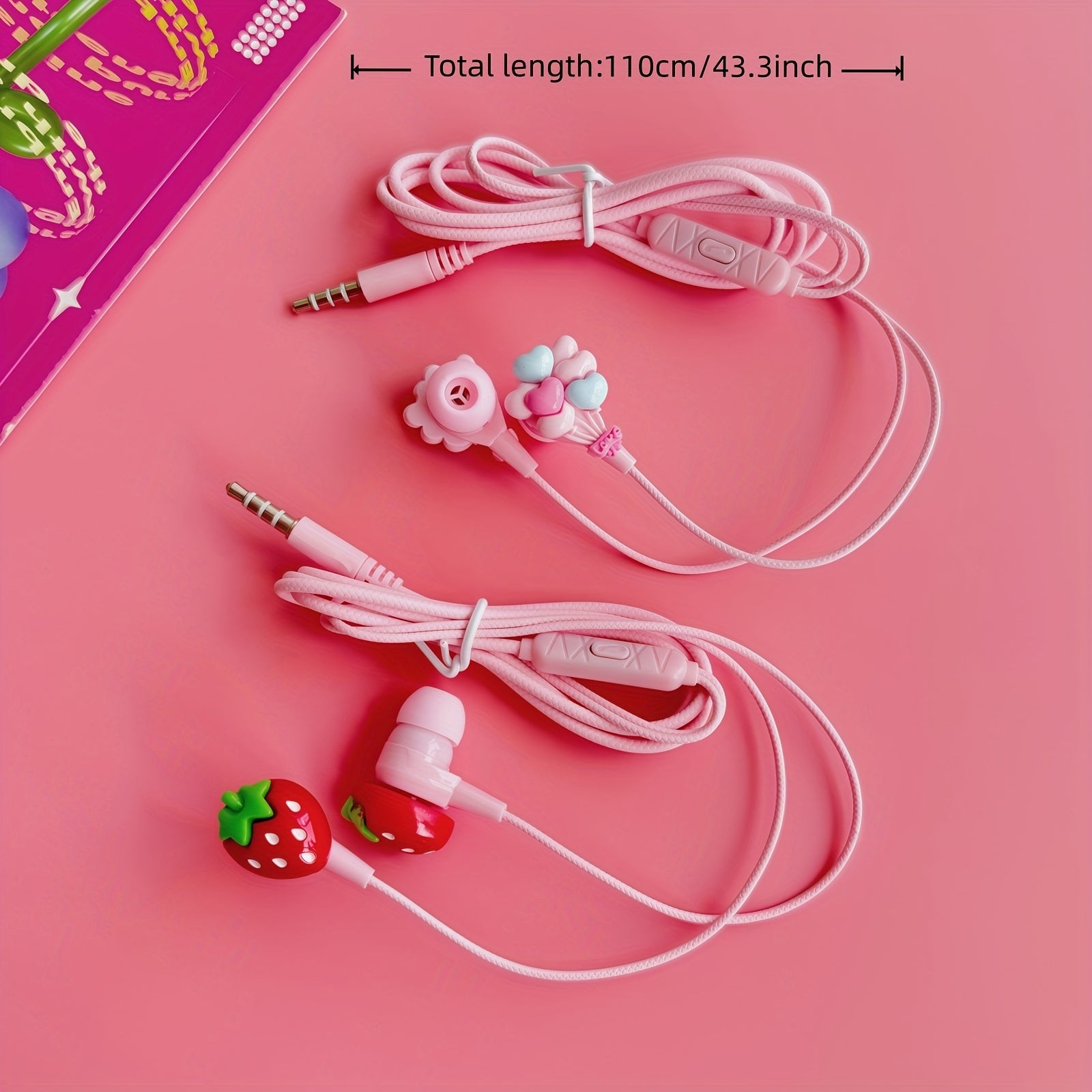 DIY cute strawberry shape pink wired headset,3.5mm socket compatible with all 3.5mm interface equipment,Built-in HD microphone,Stereo high-definition call mobile phone headset, durable round cable,comfortable earplugs,Suitabl