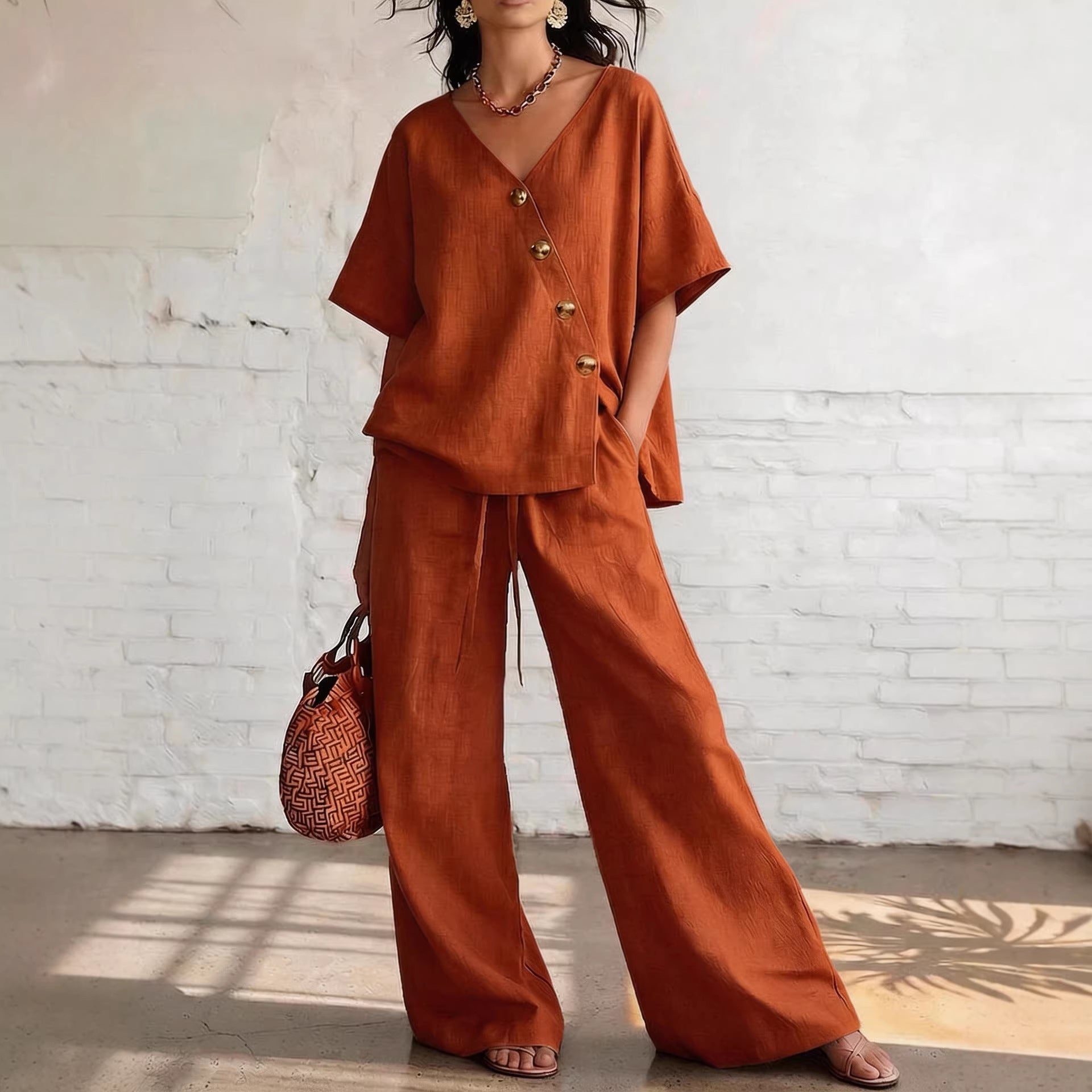 Cotton-Linen V-Neck Wide-Leg Set