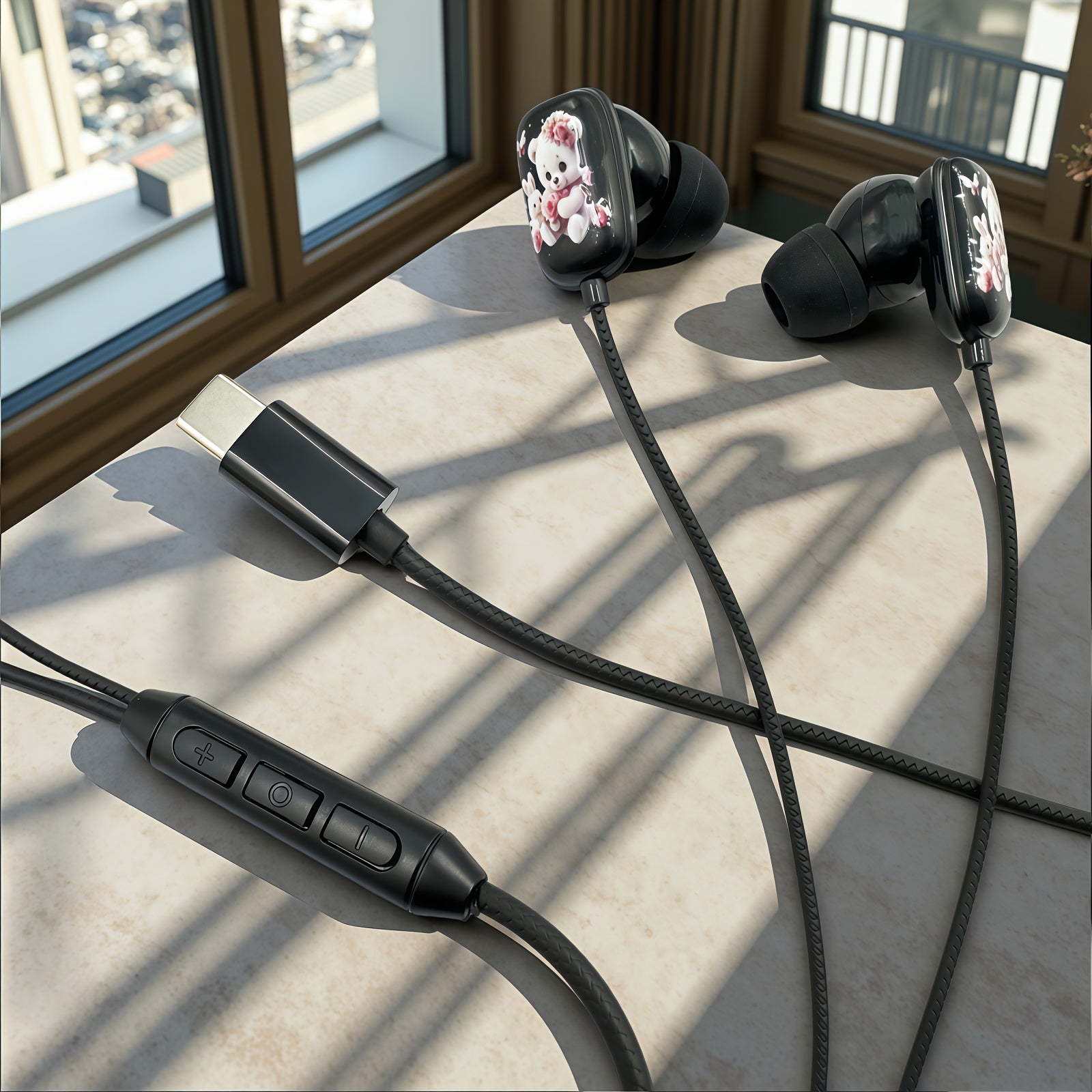 This Newly Designed Wired Headset Features a Cartoon Style with a Cute Bear Pattern Printed on a Flat Surface. It Offers High-Definition Sound Quality for Music And Gaming, Comes with a Built-In Microphone