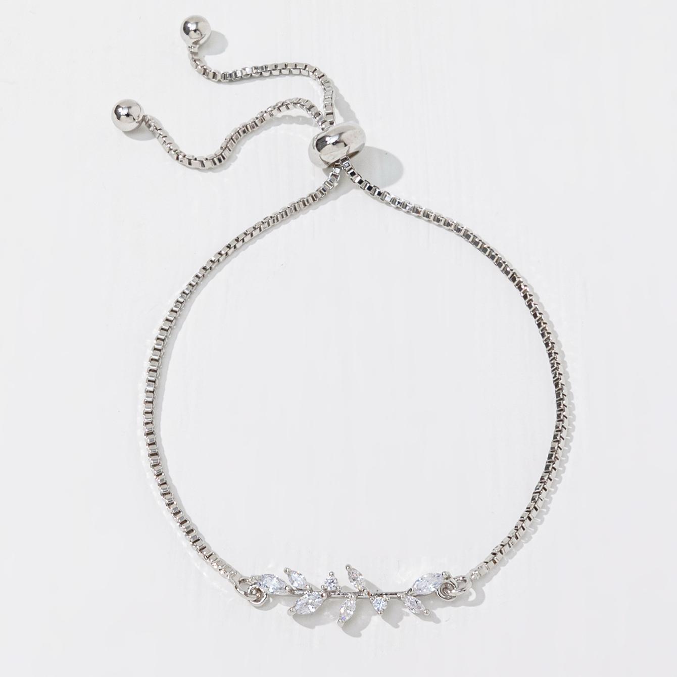2pcs Silver Crystal Zircon Leaf Adjustable Bracelet and Ring Set