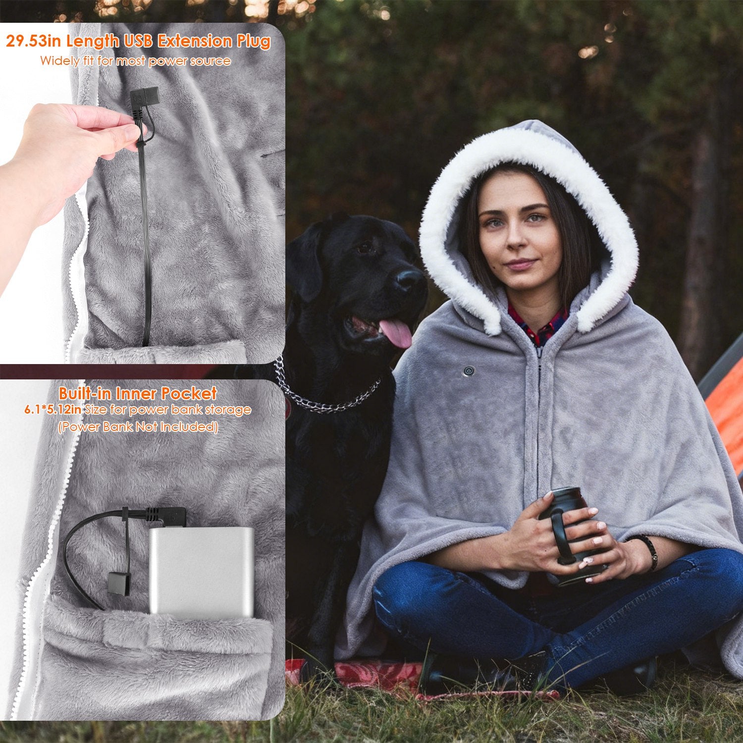 Wearable Heated Throw Blanket with Power Bank
