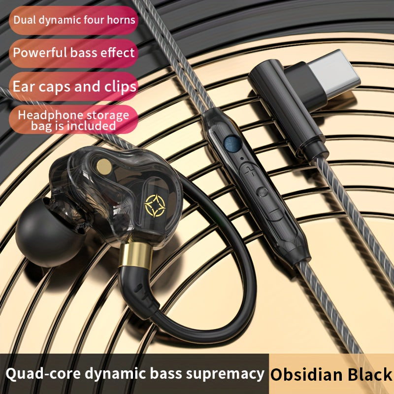 Hot Selling New Quad-core Double Acting Ring L-plug Earphone HIFI Heavy Subwoofer Phone Cable Length 1.5m/59.055inch Cable Anchor Earphone 3.5mm/0.14inch Plug TYPE-C Plug and Storage Box