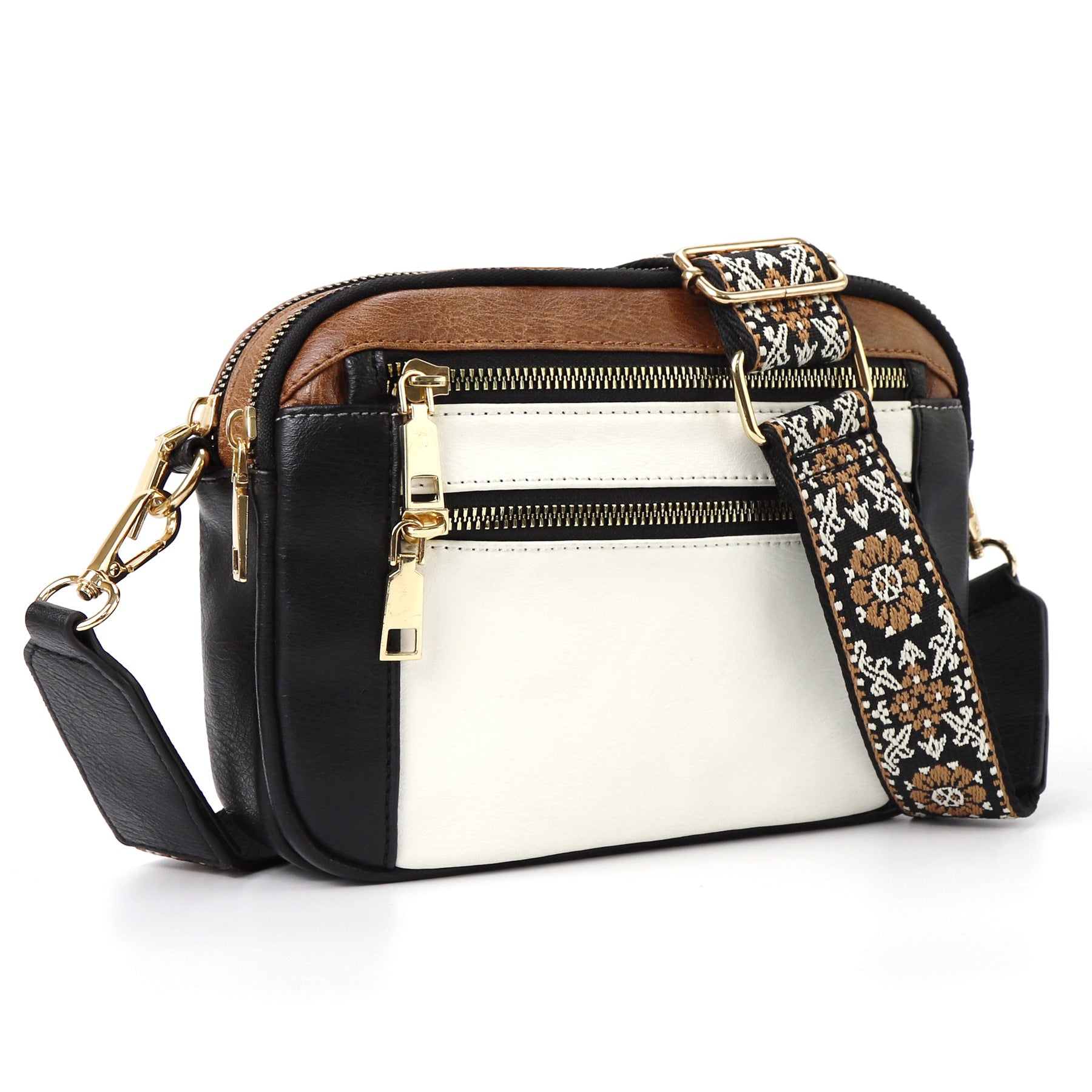 Triple-Zipper Colorblock Crossbody Bag with Floral Embroidered Strap