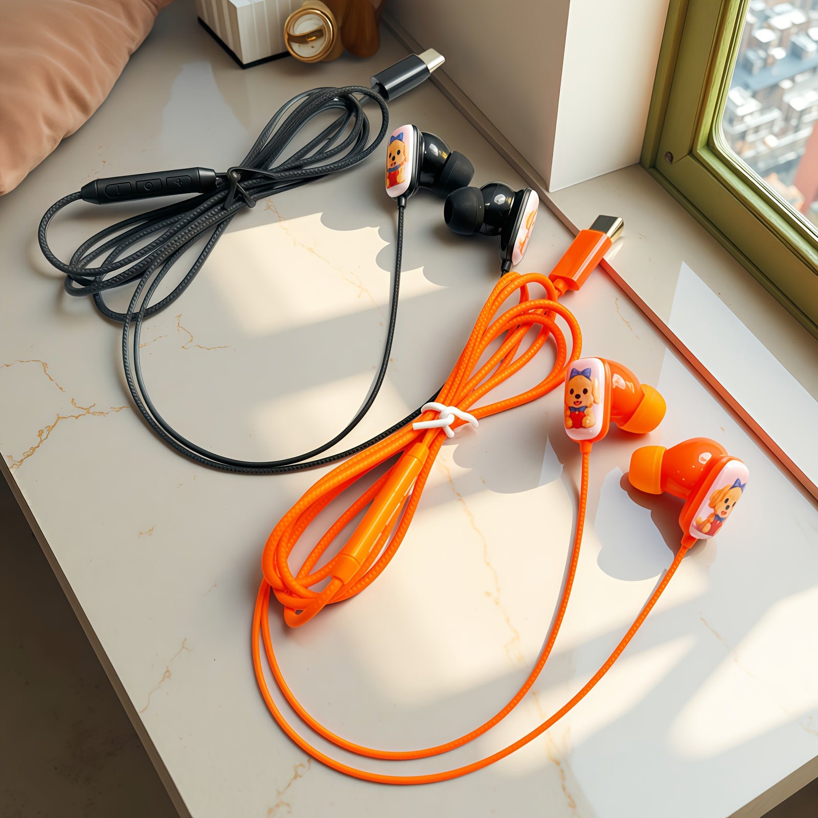 Cartoon Cute Dog 4 Colors to Choose from Wired Headphones,flat Printing Fun In-ear Call Headphones, Music Headphones, Student Headphones,cartoon Headset, HD Microphone and Volume Adjustment, Stereo Clear Sound Quality, Type C