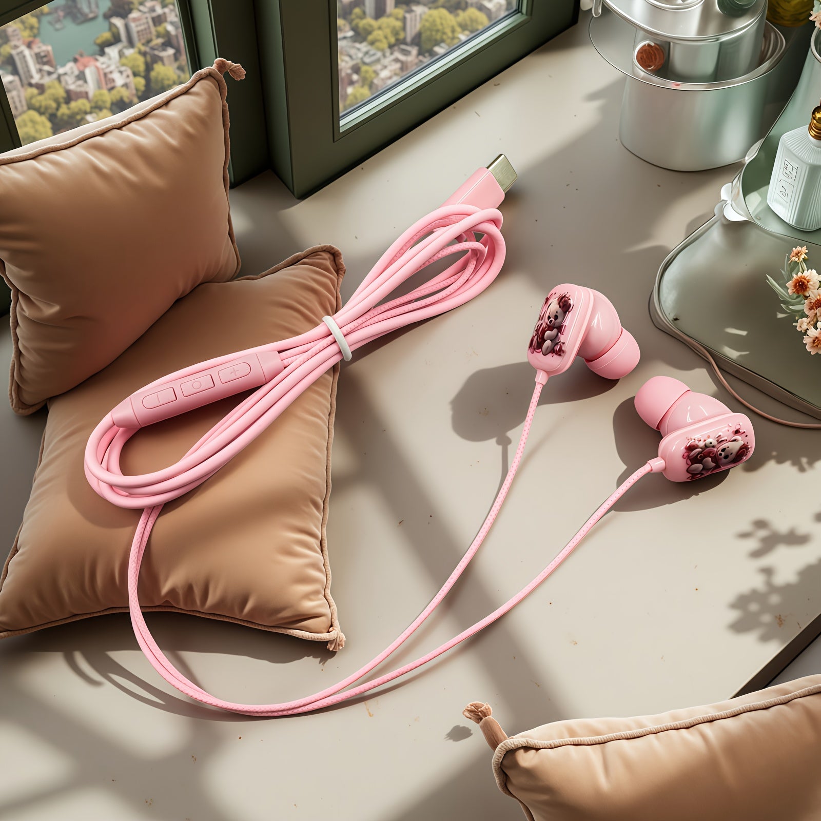 This Newly Designed Wired Headset Features a Cartoon Style with a Cute Bear Pattern Printed on a Flat Surface. It Offers High-Definition Sound Quality for Music And Gaming, Comes with a Built-In Microphone