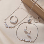 Simple Elegant Zircon Inlaid Jewelry Set Silver Flower Necklace Exquisite Earrings Bracelet Ring Suitable For Women's Daily Holiday Wear