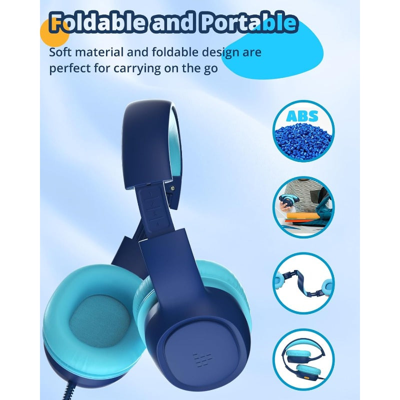 KH01 Blue Headphones for /Teens - Safe Volume Limit (85/93dB), HD Stereo Sound, Foldable Over-Ear Headphones with 3.5mm Plug & Wireless Charging, Compatible with iPad/Kindle/Tablets, Lightweight Durable Plastic Build, Ideal f