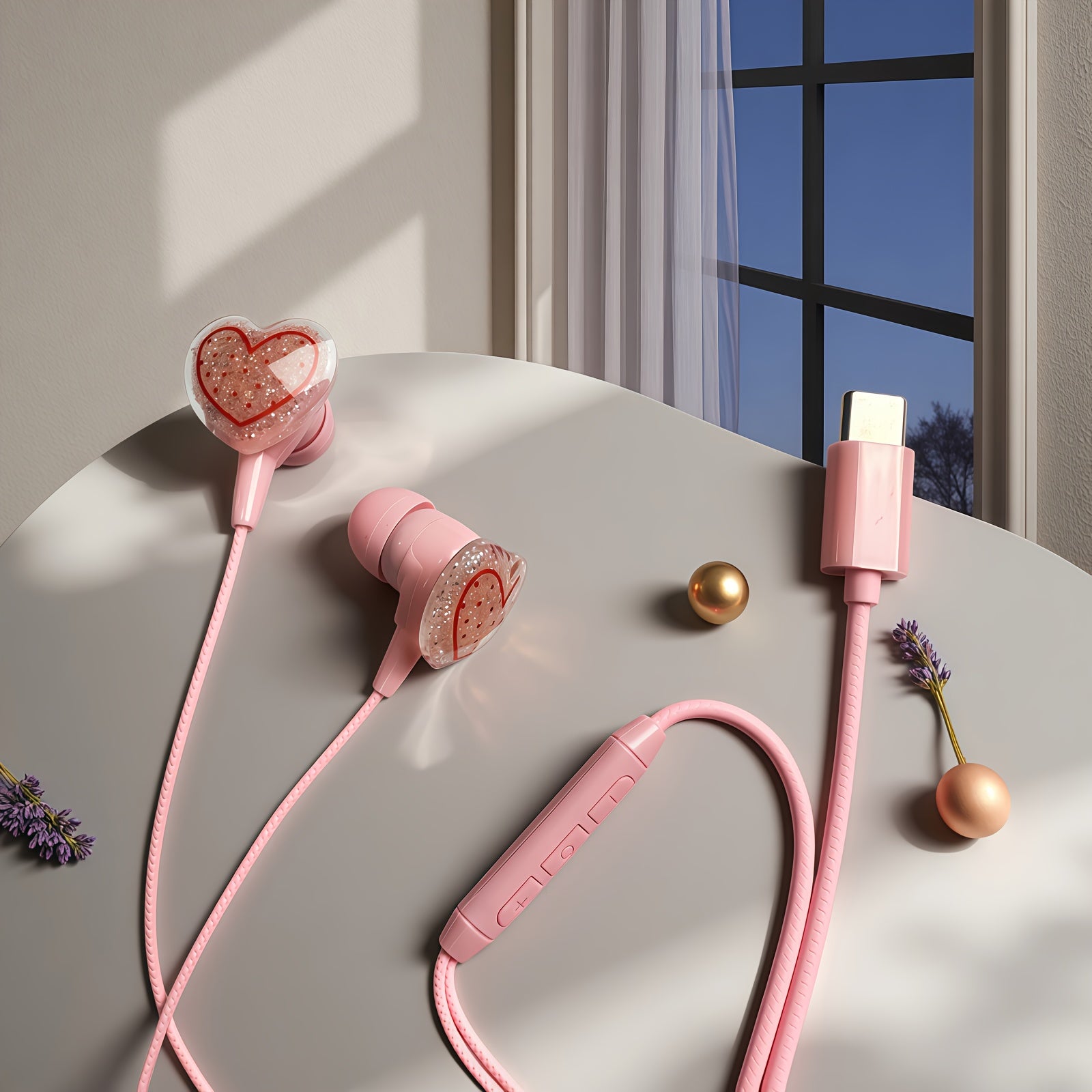 Cute Shiny Cherry & Love Design Cartoon Wired Headset,Equipped with DIY Cherry & Love Accessories,Lightweight Design, Comfortable, Durable Cable,HD Sound Quality Music Headset Built-in Microphone,Song Adjustment & Volume Cont