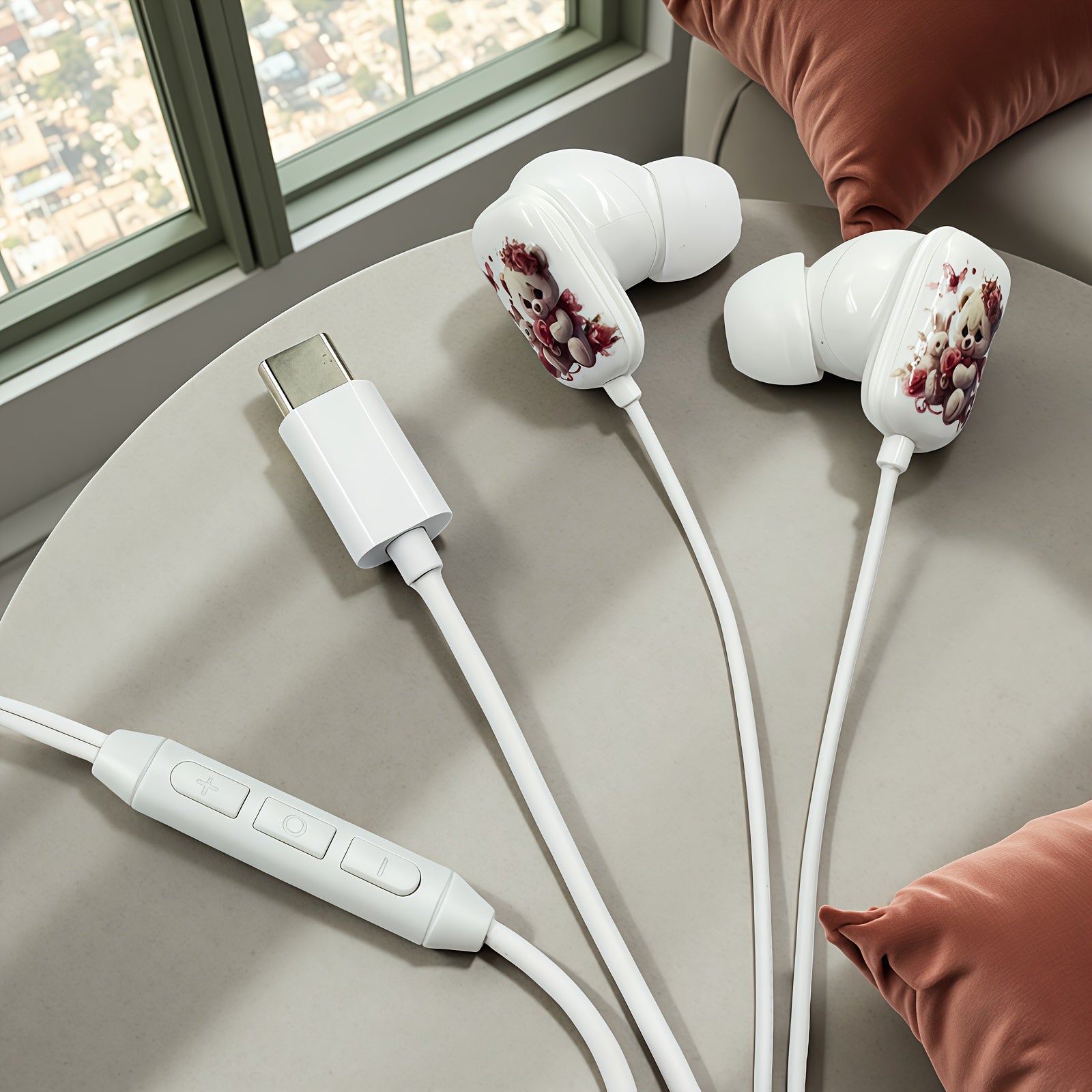 This Newly Designed Wired Headset Features a Cartoon Style with a Cute Bear Pattern Printed on a Flat Surface. It Offers High-Definition Sound Quality for Music And Gaming, Comes with a Built-In Microphone