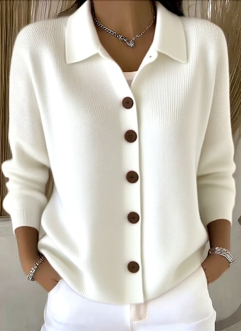 Button-Front Lapel Sweater Cardigan