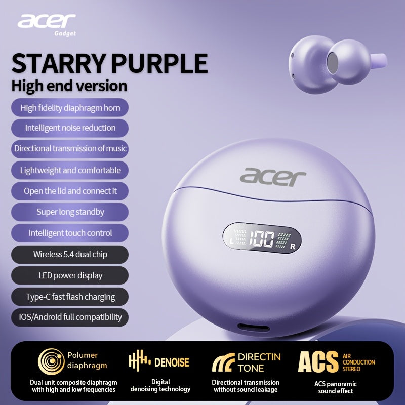 [Acer 2025 New] TWS Wireless Headphones, Heavy Bass Stereo Call Noise Reduction, Ultra-Long Battery Life, Sports Running Clip-On Ear Style, Low Latency Game Mode, HIFI Sound, Lightweight Touch Design, Comfortable to Wear for