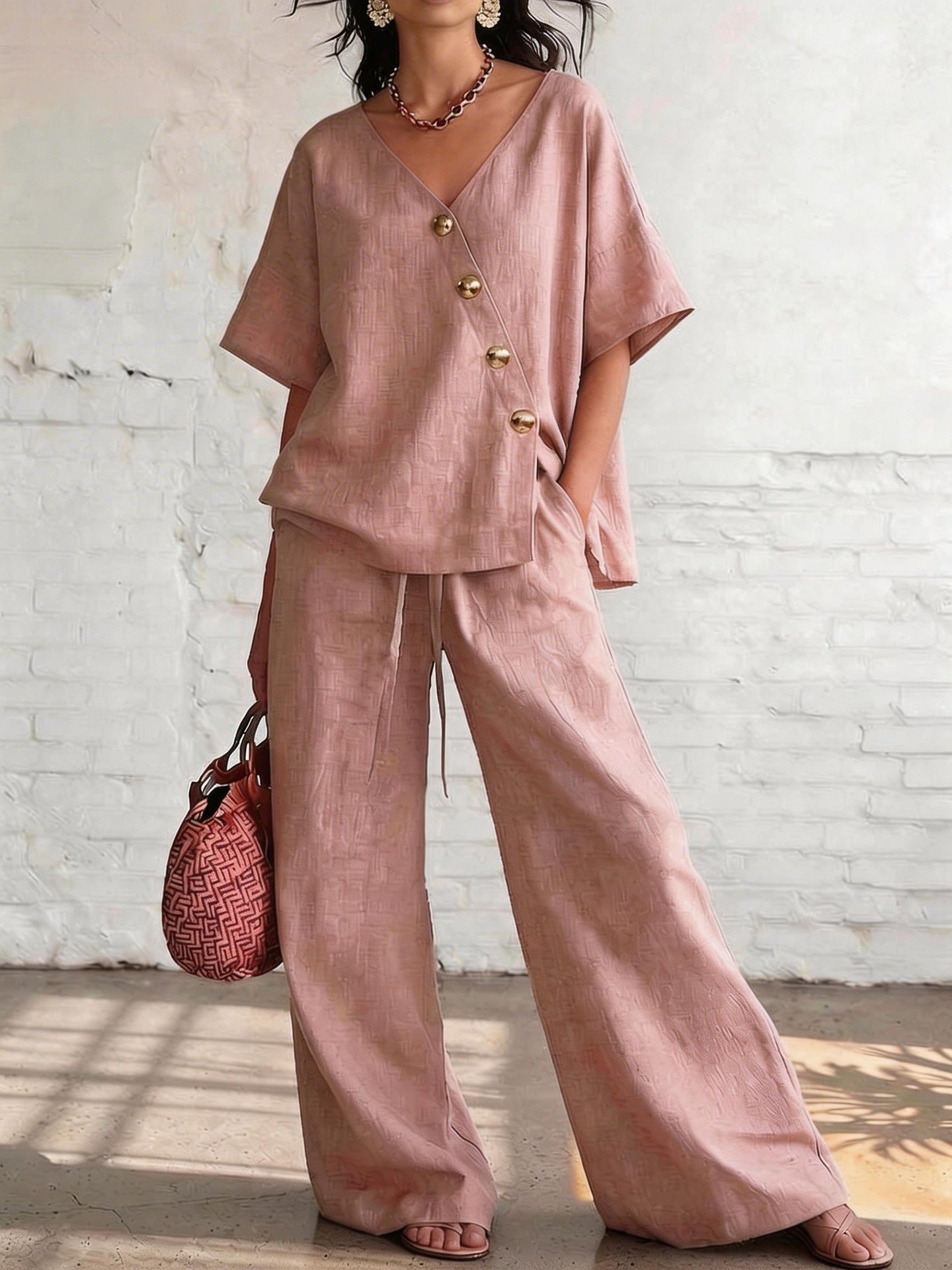 Cotton-Linen V-Neck Wide-Leg Set