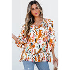 V-Neck Colorblock Printed Chiffon Blouse with Tassel Ties