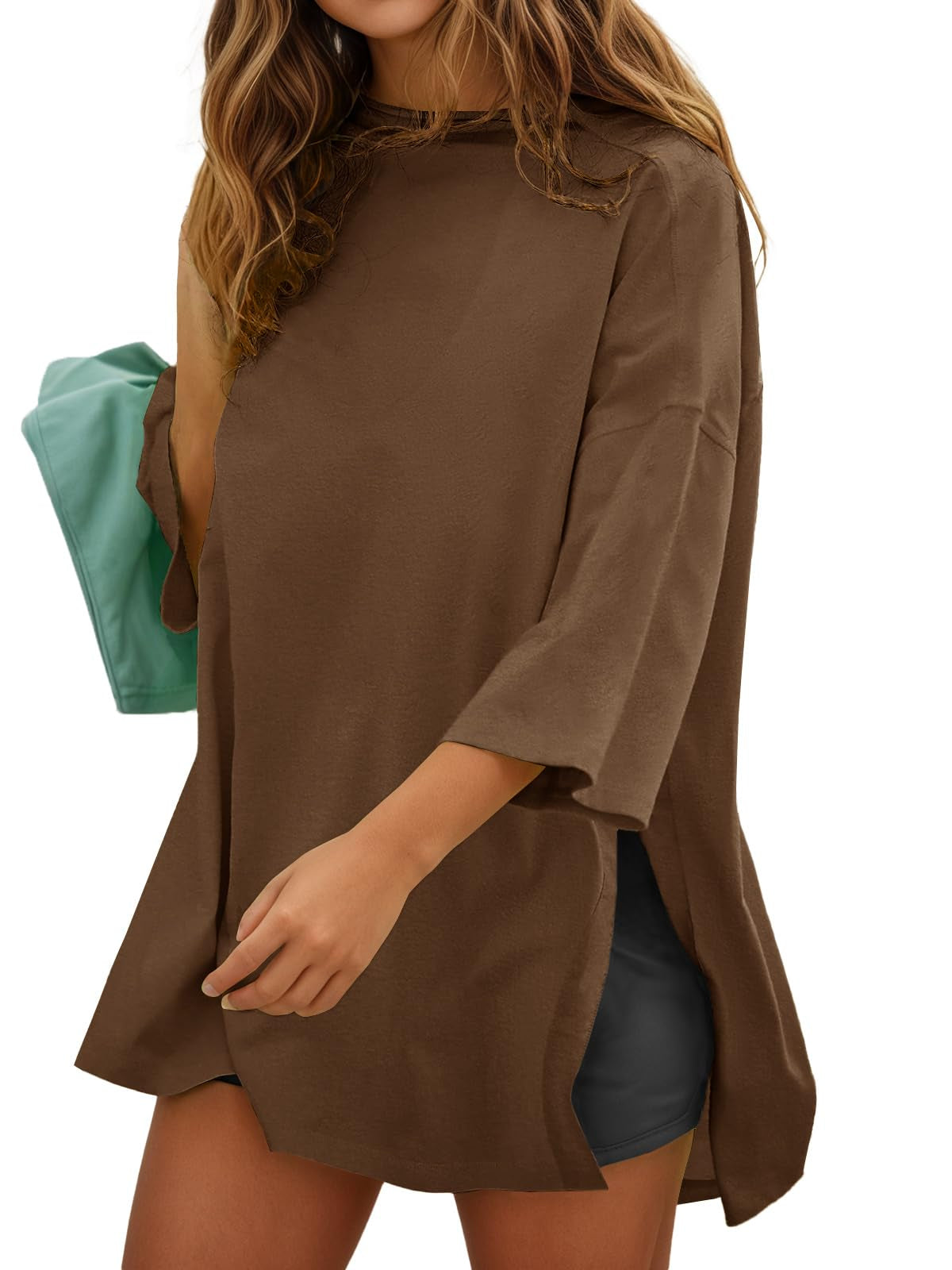Oversized Side-Slit T-Shirt with 3/4 Sleeves