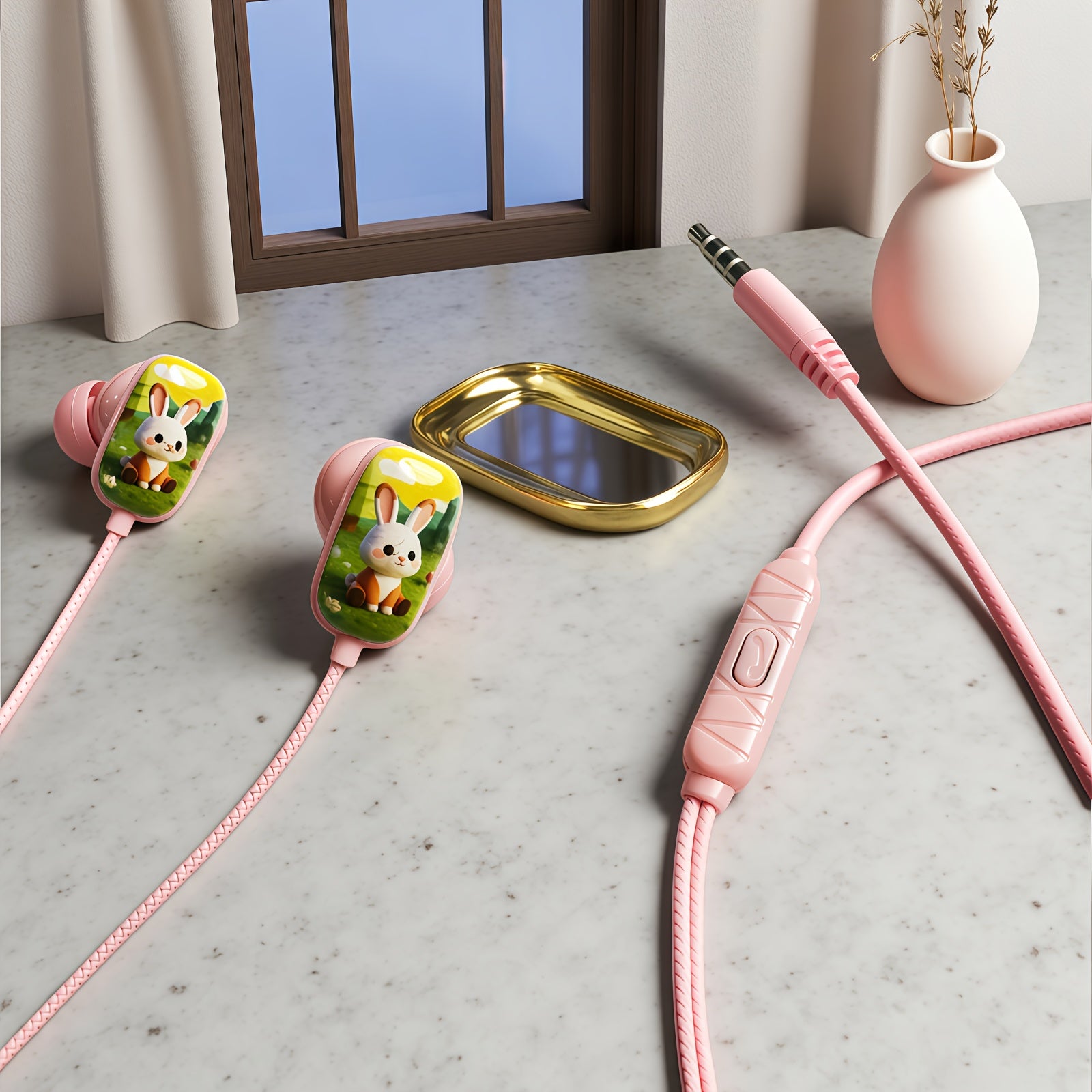 2D Flat Printing Cute Bunny Wired Headset,semi-in-ear Music Headphones, Student Headphones,Lightweight Cartoon Noise-canceling Headphones, HD Microphone, Stereo Sound Quality,Suitable for Birthday and Party Gifts.Compatible w