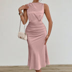 Ruched Satin-Finish Midi Dress