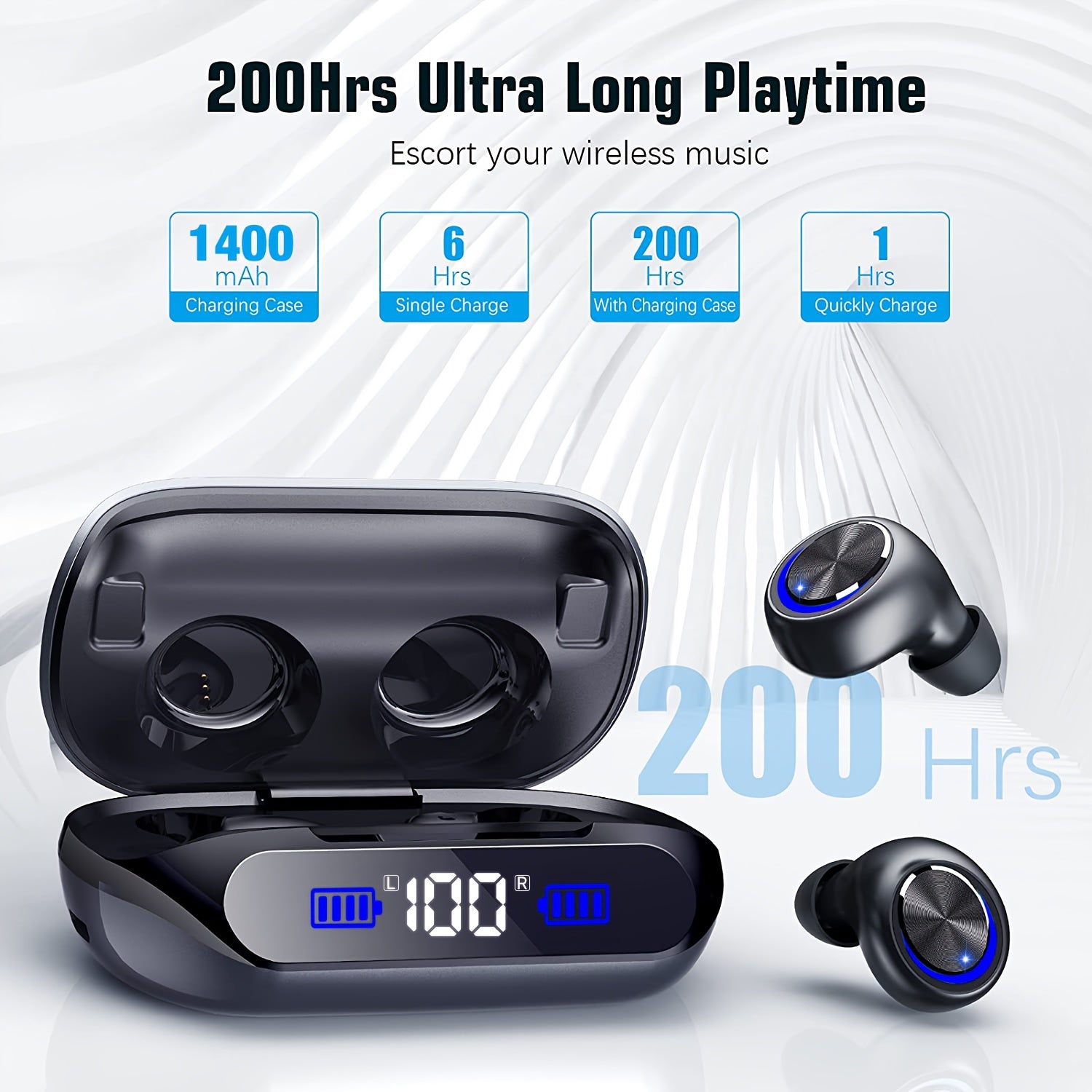 Wireless Earbuds 200Hrs Playtime Wireless 5.3 HD Calls & ENC Noise Cancelling Mic, IPX7 High Quality Sport Earbuds with 1400mAh Charging Case, Triple Noise Cancellation, Stereo Deep Bass for Running Workout Gym, Wireless Earb