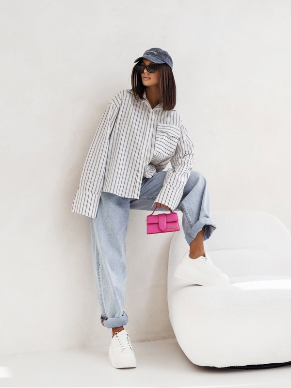 Striped Oversized Shacket with Utility Pockets