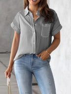 Oversized Short Sleeve Striped Button-Up Blous