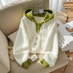 Two-Tone Hooded Knit Cardigan Sweater