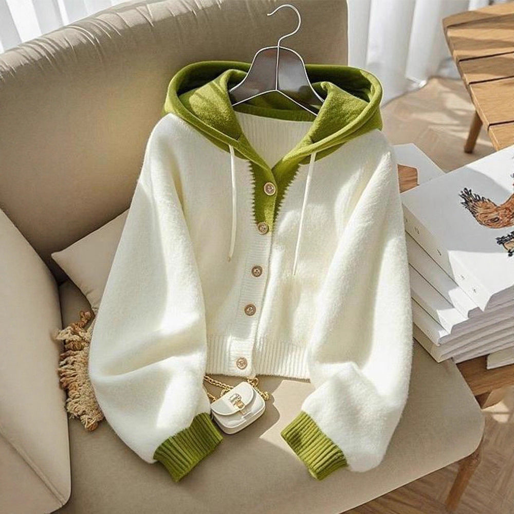 Two-Tone Hooded Knit Cardigan Sweater
