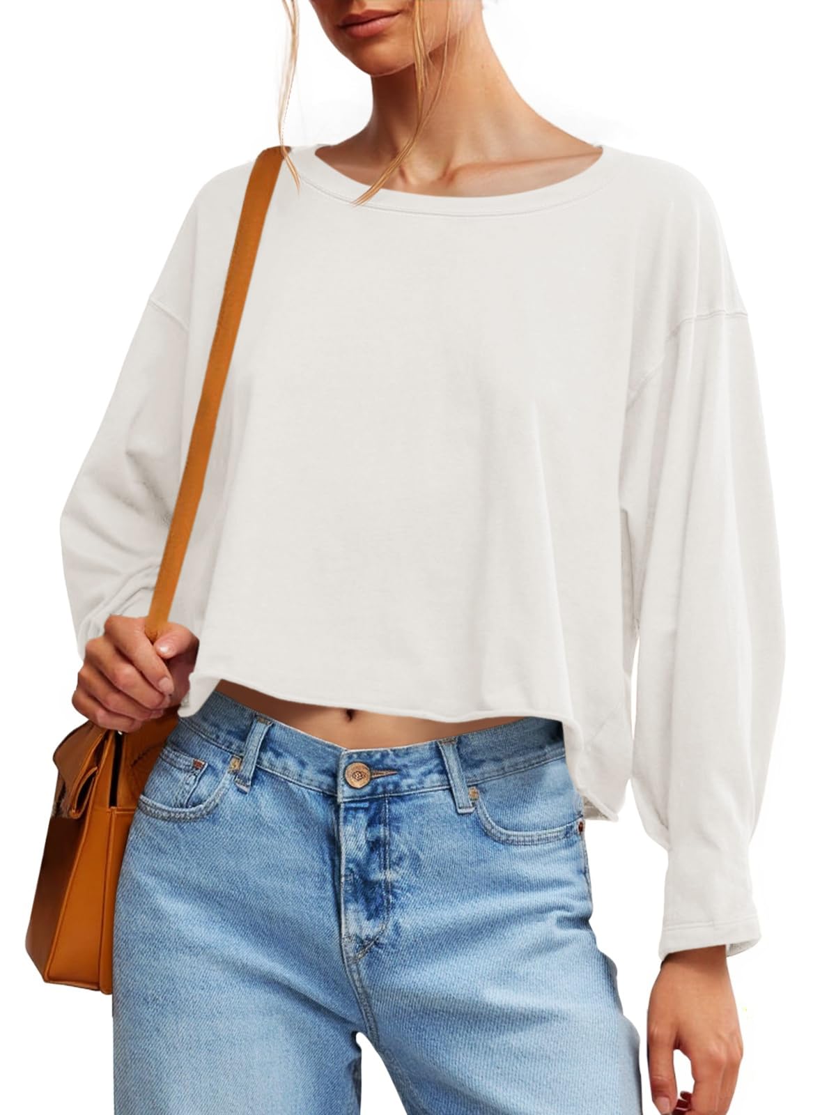 Lantern Sleeve Crewneck Crop Top