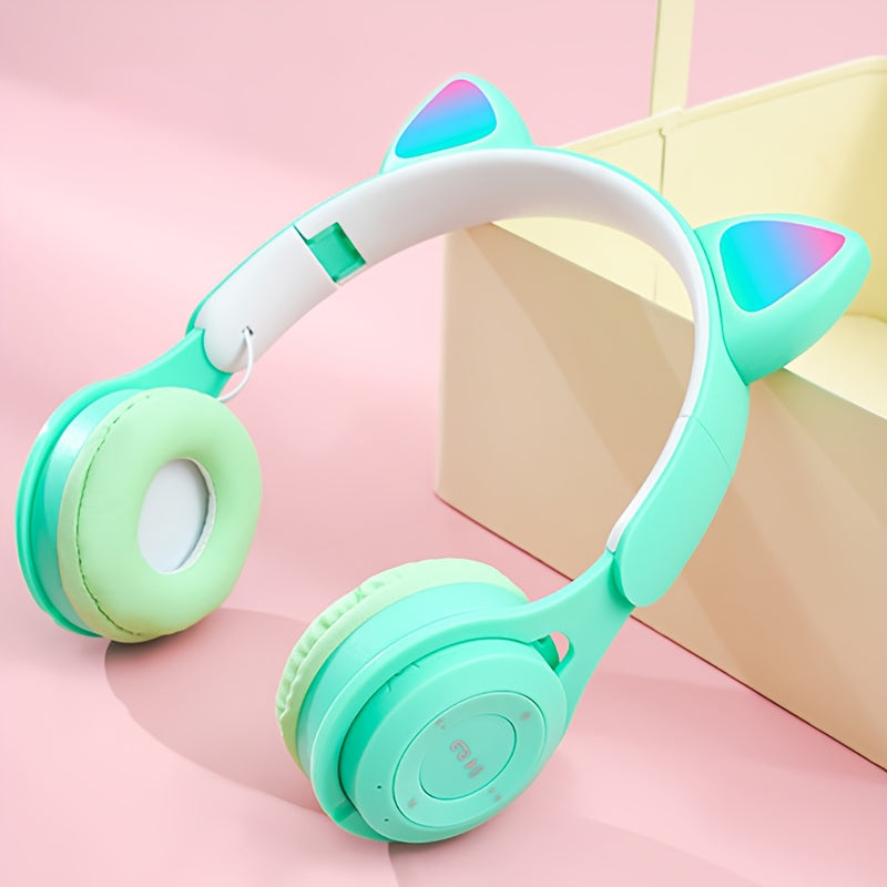 Cat's Ears (Steamed Cat-ear Shaped Bread) Headset Gradient LED Light Cat's Ear Retractable Cute Gift Wireless Headset. Valentines'Gift, Gift for Him.