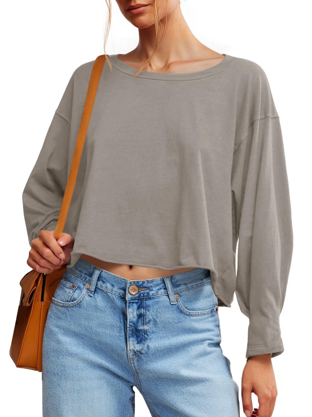 Lantern Sleeve Crewneck Crop Top
