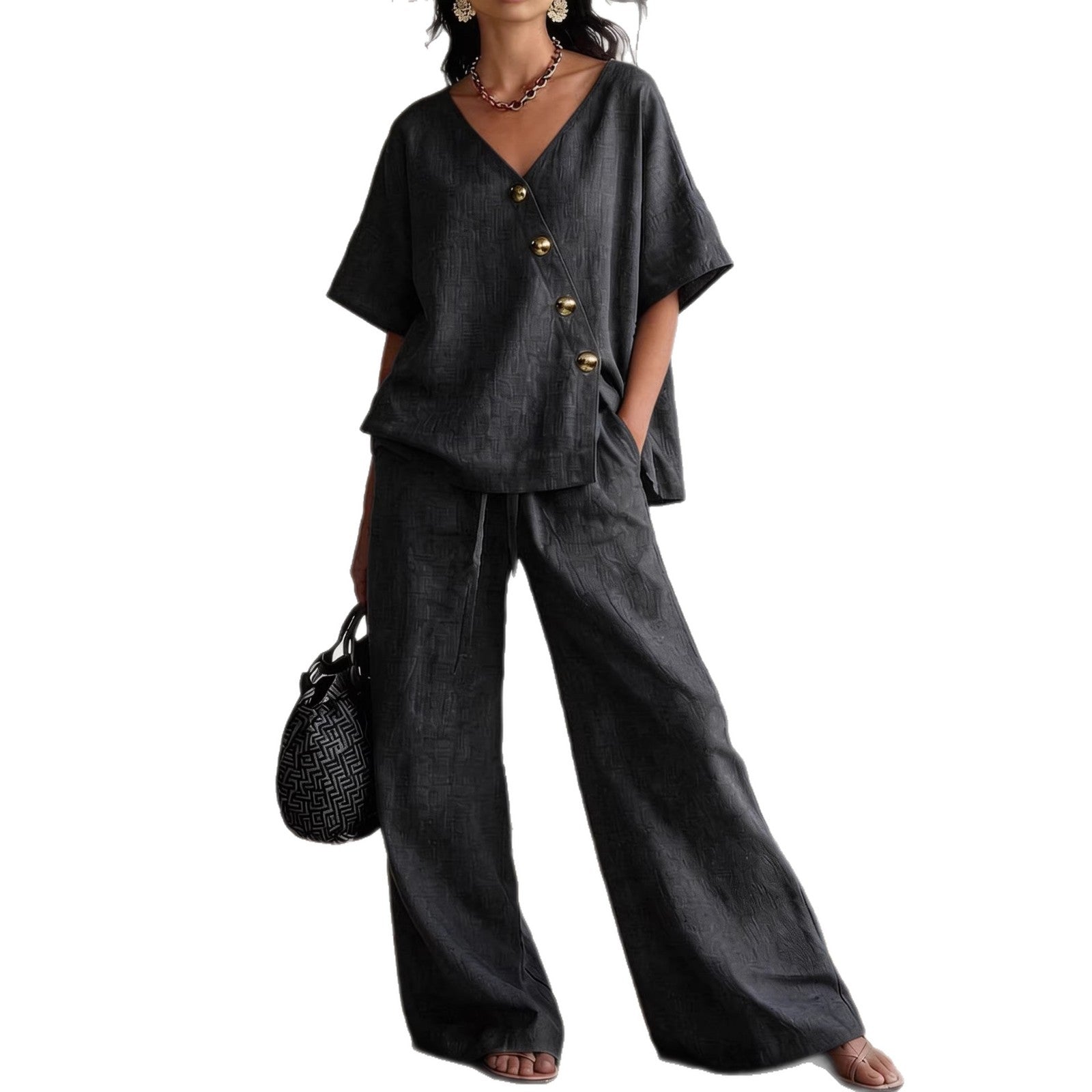 Cotton-Linen V-Neck Wide-Leg Set