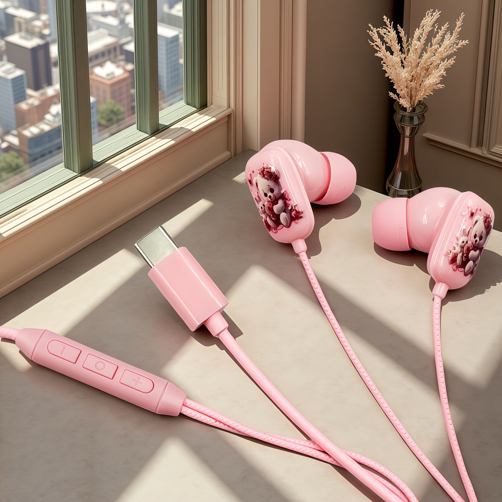 This Newly Designed Wired Headset Features a Cartoon Style with a Cute Bear Pattern Printed on a Flat Surface. It Offers High-Definition Sound Quality for Music And Gaming, Comes with a Built-In Microphone