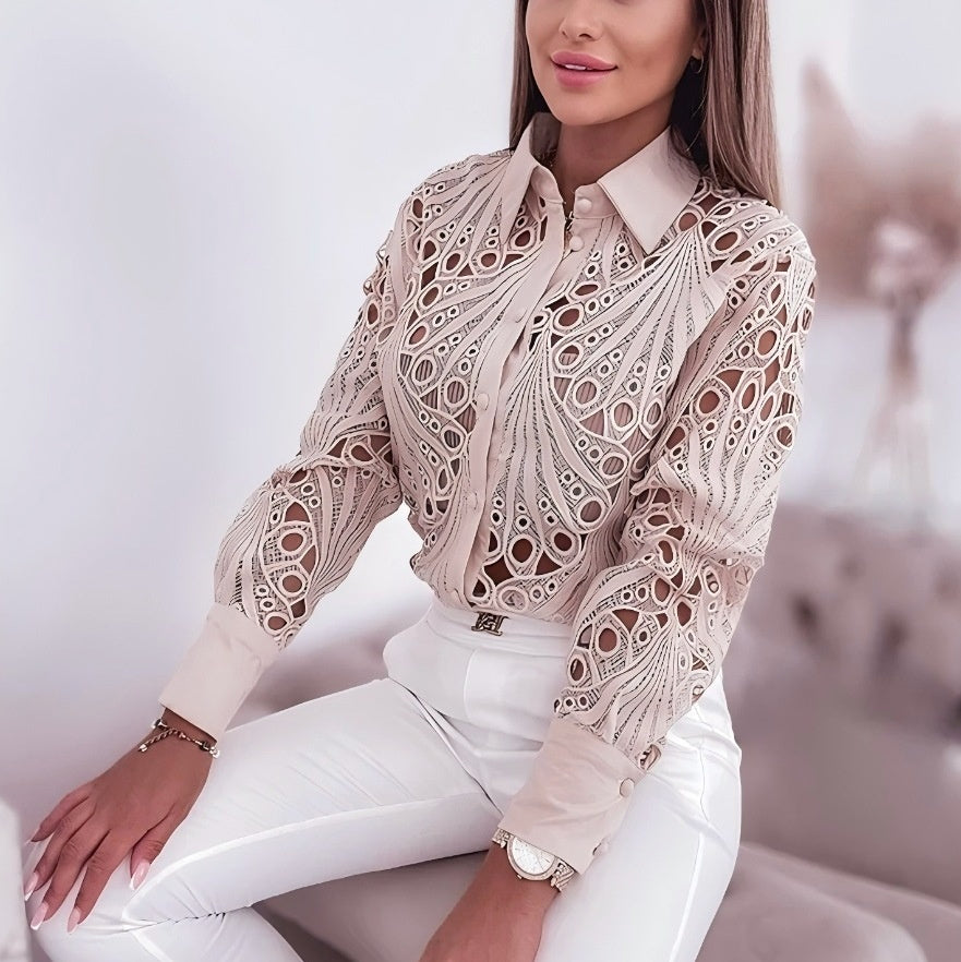 Hollow-Out Lace Button-Down Commuter Shirt