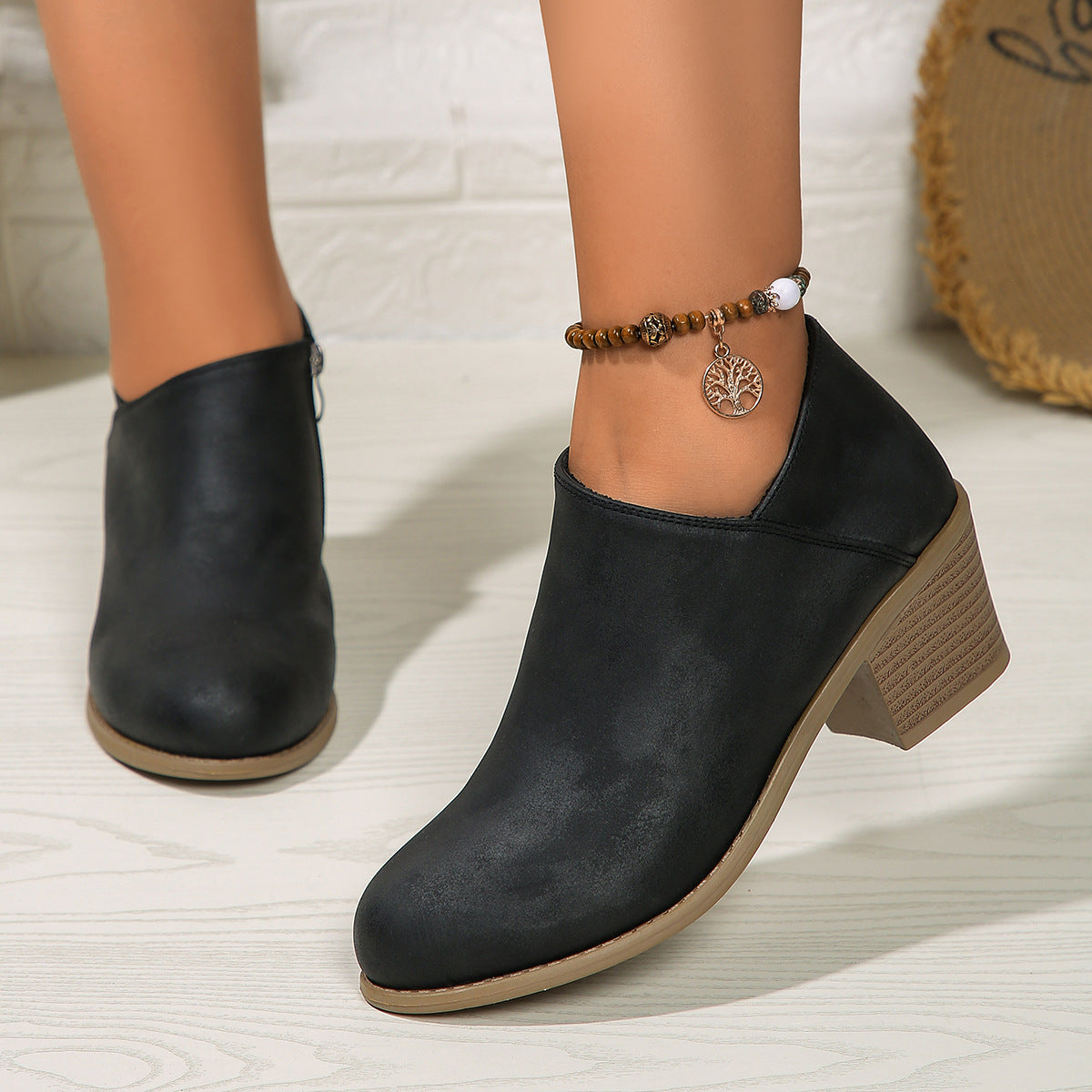 Chunky Heel Round Toe Ankle Boots with Side Zipper Design