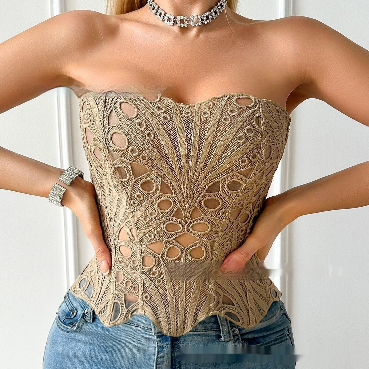 Hollow-Out Lace Corset Top