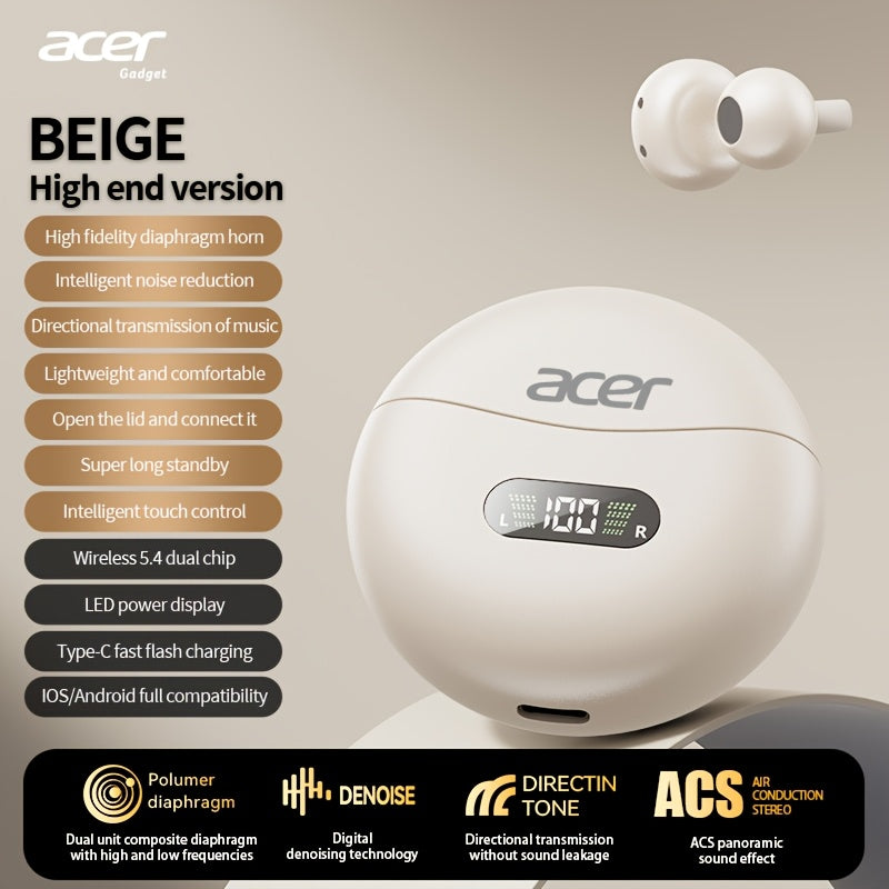 [Acer 2025 New] TWS Wireless Headphones, Heavy Bass Stereo Call Noise Reduction, Ultra-Long Battery Life, Sports Running Clip-On Ear Style, Low Latency Game Mode, HIFI Sound, Lightweight Touch Design, Comfortable to Wear for