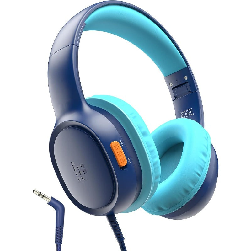 KH01 Blue Headphones for /Teens - Safe Volume Limit (85/93dB), HD Stereo Sound, Foldable Over-Ear Headphones with 3.5mm Plug & Wireless Charging, Compatible with iPad/Kindle/Tablets, Lightweight Durable Plastic Build, Ideal f