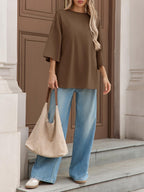 Oversized Side-Slit T-Shirt with 3/4 Sleeves