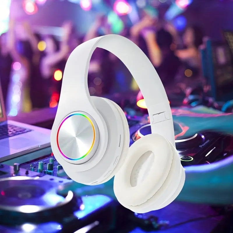 Introducing The B39 Wireless Headphones with LED Lights, Designed for Comfort with a Foldable Over-Ear Style. Features Include a Built-In Microphone, FM Radio, And a Card Slot, Making It Perfect for Use with School Devices, T