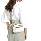 Triple-Zipper Colorblock Crossbody Bag with Floral Embroidered Strap